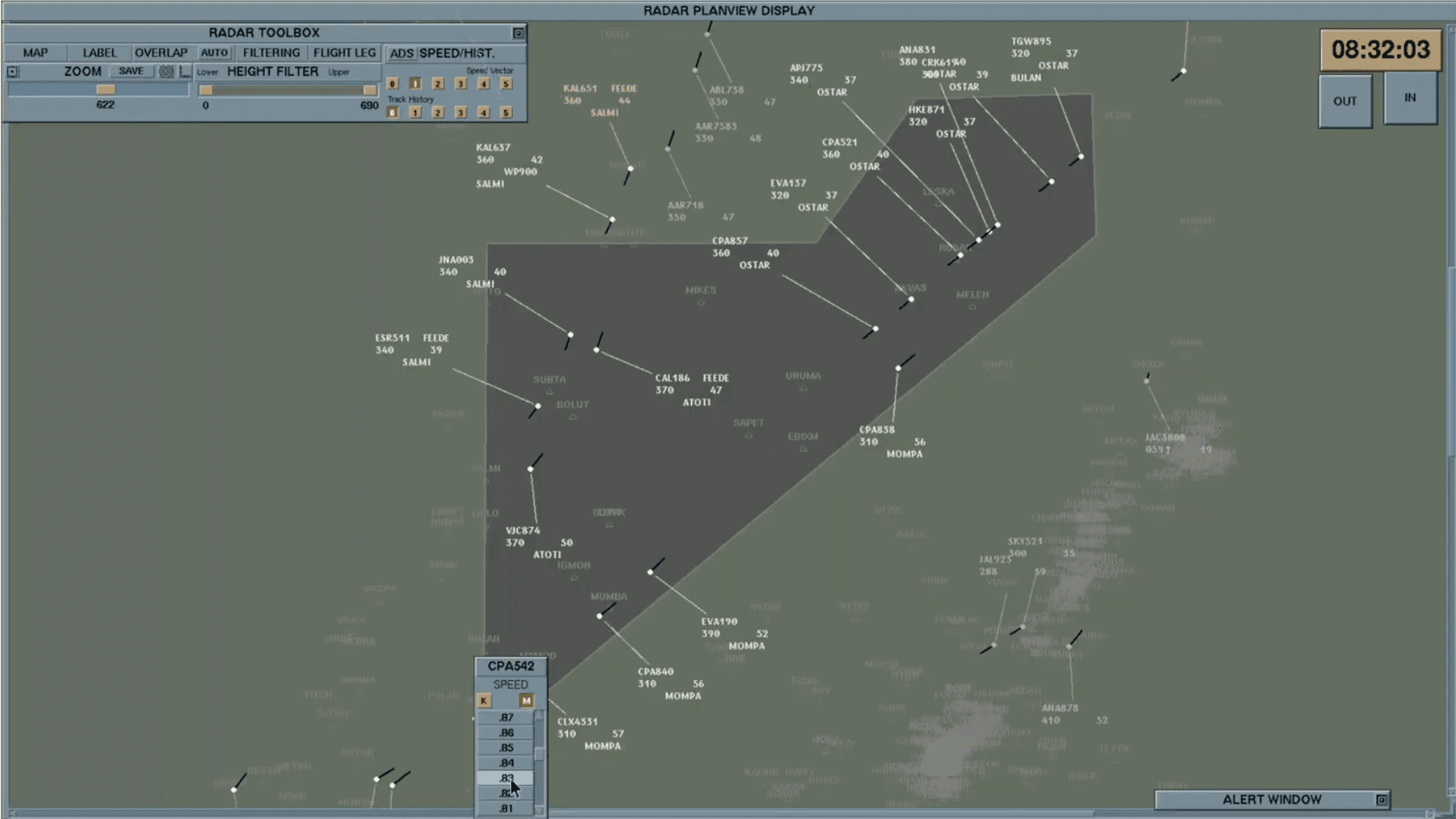 Radar planview display used in the ATC eye-tracking study — Fukuoka/Naha sector with live flight tracks